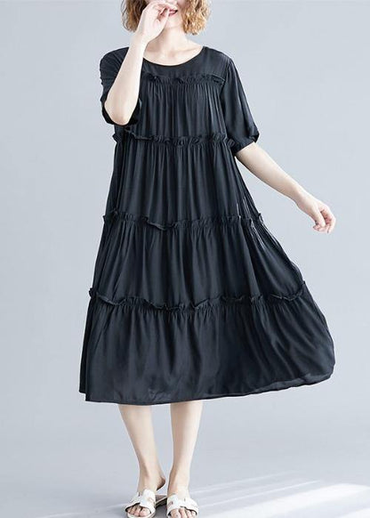 Modern Black Cotton Tunics O Neck Cinched Maxi Summer Dress