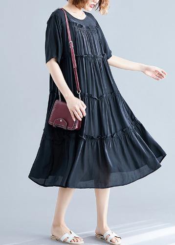 Modern Black Cotton Tunics O Neck Cinched Maxi Summer Dress