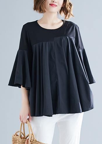 Modern Black Cotton Blended Clothes Cotton O Neck Flare Sleeve Silhouette Summer Blouse