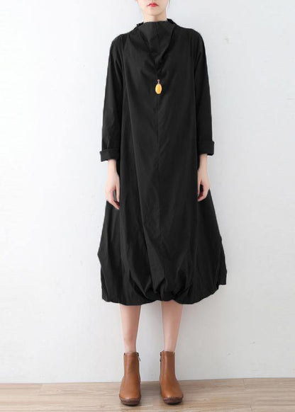 Modern Black Cotton Dresses High Neck Asymmetric Traveling Fall Dress