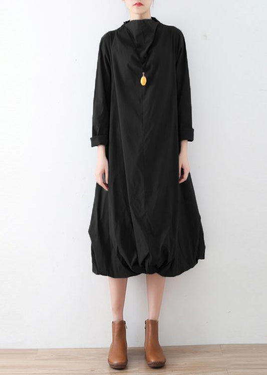 Modern Black Cotton Dresses High Neck Asymmetric Traveling Fall Dress