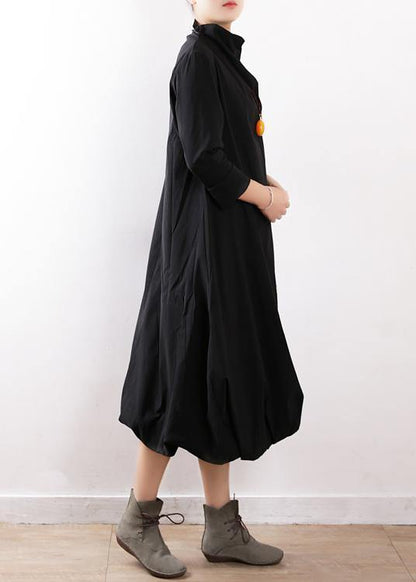 Modern Black Cotton Dresses High Neck Asymmetric Traveling Fall Dress