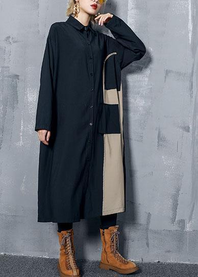 Modern Black Cotton Dresses Lapel Pockets Patchwork Dresses Fall Dress