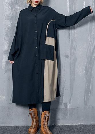 Modern Black Cotton Dresses Lapel Pockets Patchwork Dresses Fall Dress