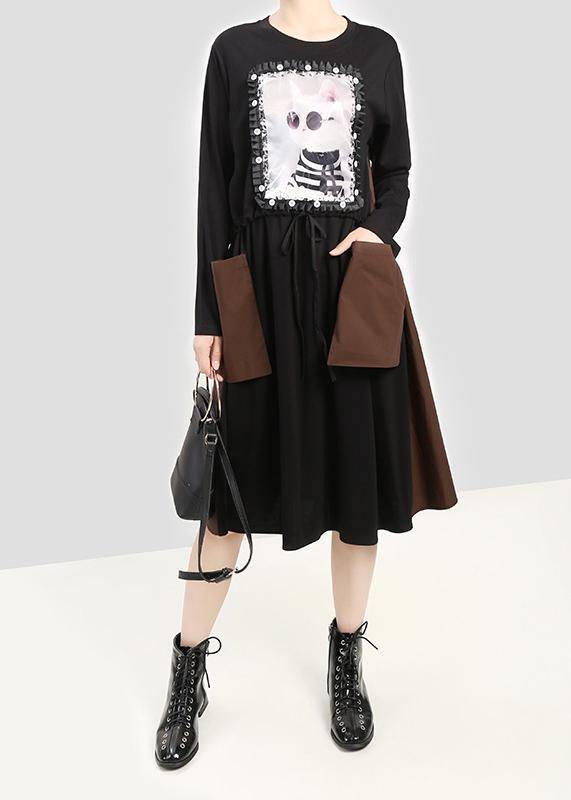 Modern Black Cotton Quilting Clothes Cat Prints Patchwork Pockets Dress