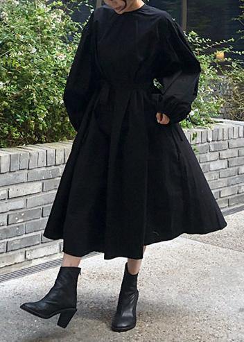 Modern Black Cotton Quilting Clothes O Neck Batwing Sleeve Kaftan Spring Dresses