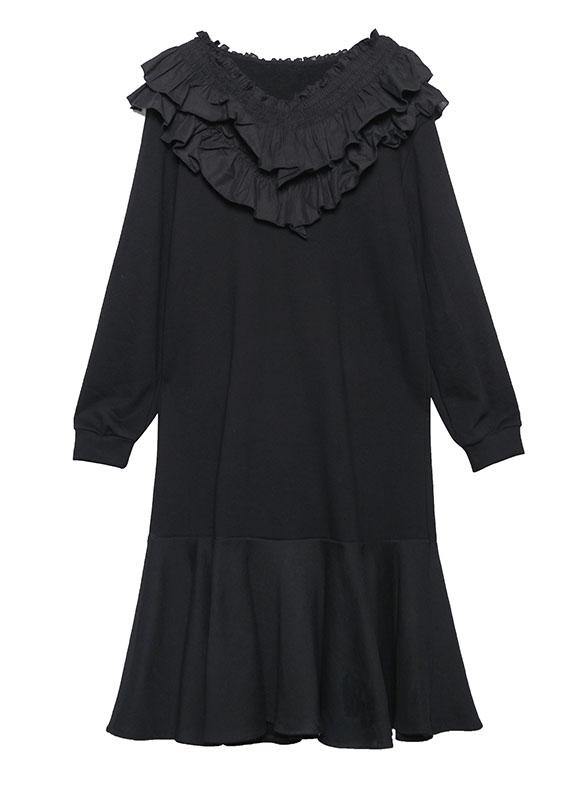 Modern Black Cotton Quilting Dresses Ruffled Patchwork Maxi Dress