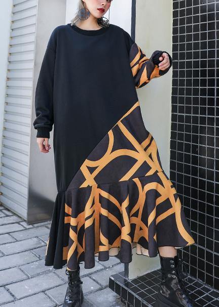 Modern Black Patchwork Cotton Long Shirts Ruffles Hem Cotton Robes Winter Dresses