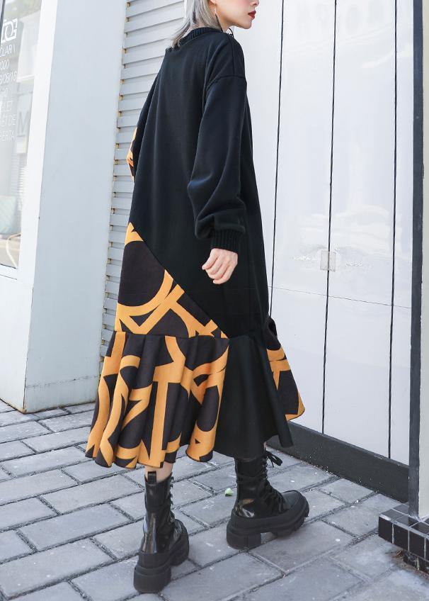 Modern Black Patchwork Cotton Long Shirts Ruffles Hem Cotton Robes Winter Dresses