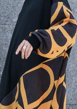 Modern Black Patchwork Cotton Long Shirts Ruffles Hem Cotton Robes Winter Dresses
