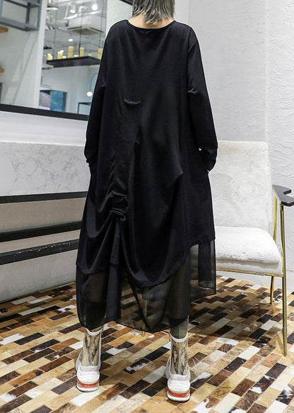 Modern Black Patchwork Cotton Tunic Top Cinched Cotton Robes Fall Dresses