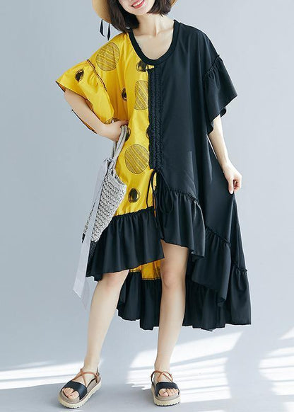 Modern Black Patchwork Yellow Long Shirts V Neck Ruffles Maxi Summer Dress