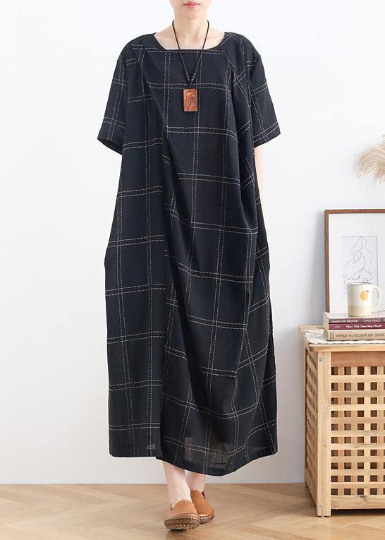 Modern Black Plaid Cotton Clothes O Neck Short Sleeve Dresses
