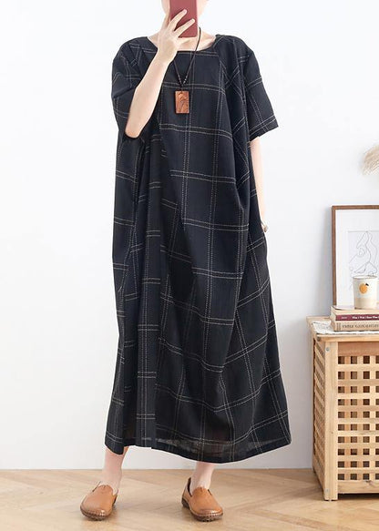 Modern Black Plaid Cotton Clothes O Neck Short Sleeve Dresses