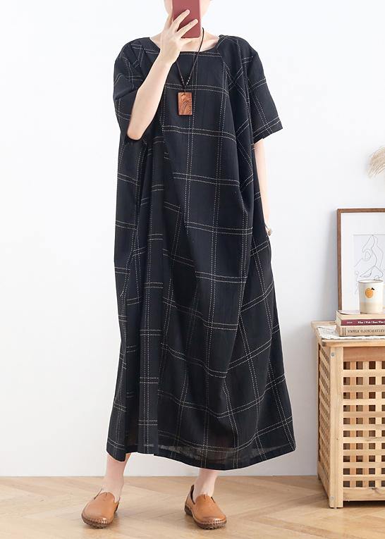 Modern Black Plaid Cotton Clothes O Neck Short Sleeve Dresses