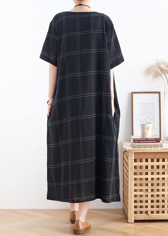 Modern Black Plaid Cotton Clothes O Neck Short Sleeve Dresses