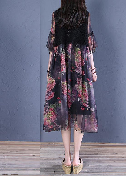 Modern Black Print Cotton Clothes O Neck Butterfly Sleeve Short Dresses