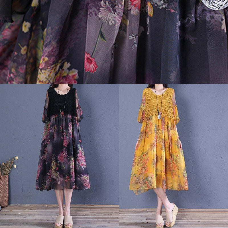 Modern Black Print Cotton Clothes O Neck Butterfly Sleeve Short Dresses