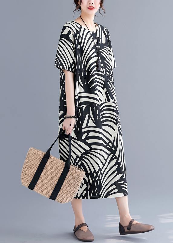 Modern Black Print Cotton Tunic Pattern O Neck Patchwork Art Summer Dress
