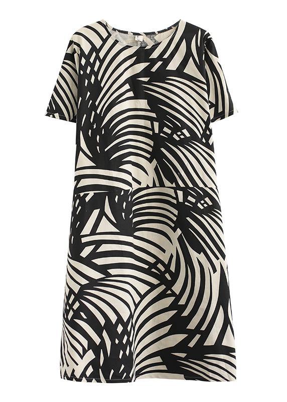 Modern Black Print Cotton Tunic Pattern O Neck Patchwork Art Summer Dress
