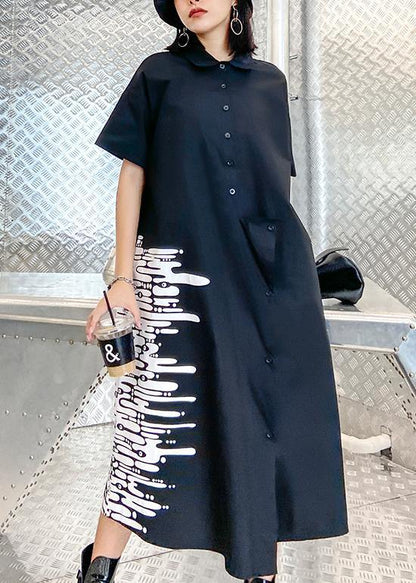 Modern Black Print Tunics for Lapel Button Down a Line Summer Dress