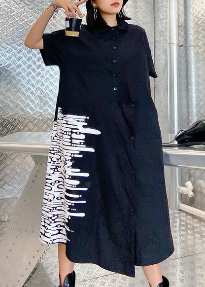 Modern Black Print Tunics for Lapel Button Down a Line Summer Dress