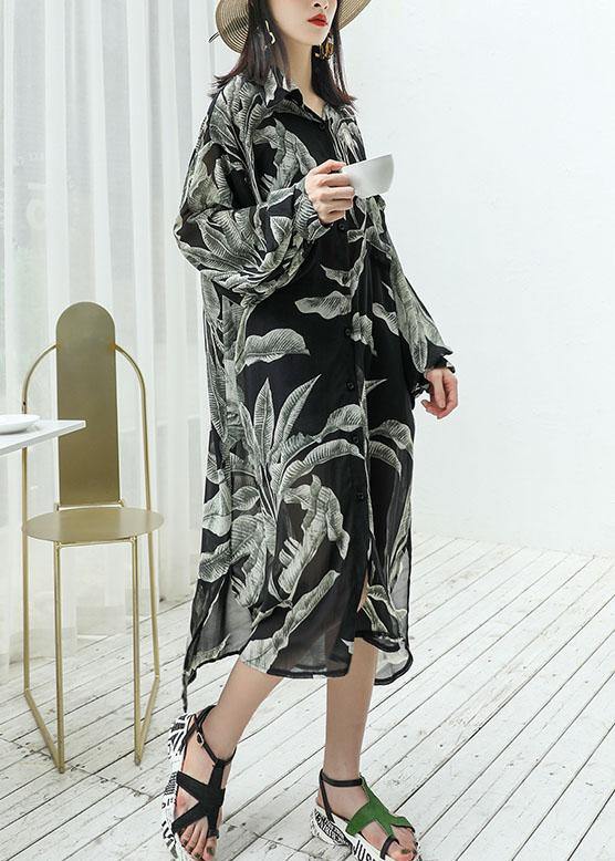 Modern Black Prints Chiffon Shirts Side Open Art Sunscreen Shirt Dresses