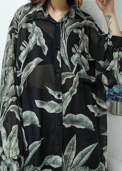 Modern Black Prints Chiffon Shirts Side Open Art Sunscreen Shirt Dresses