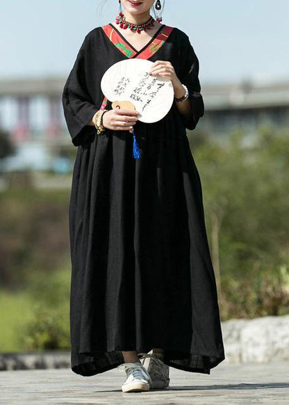 Modern Black Silk Linen Long Dress V Neck Patchwork Maxi Summer Dress