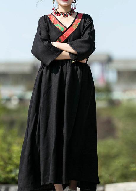 Modern Black Silk Linen Long Dress V Neck Patchwork Maxi Summer Dress
