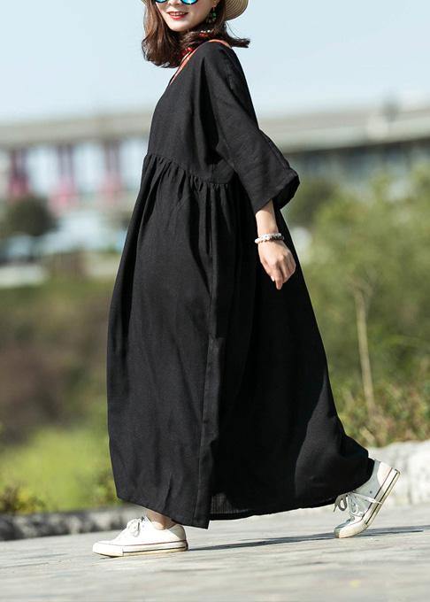 Modern Black Silk Linen Long Dress V Neck Patchwork Maxi Summer Dress