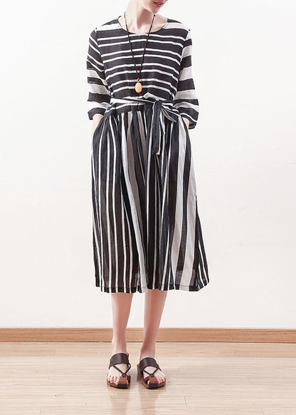 Modern Black White Striped Linen Clothes for Tie Waist Cotton Summer Dress