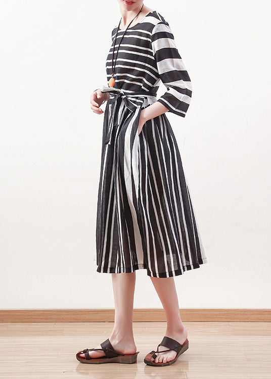Modern Black White Striped Linen Clothes for Tie Waist Cotton Summer Dress