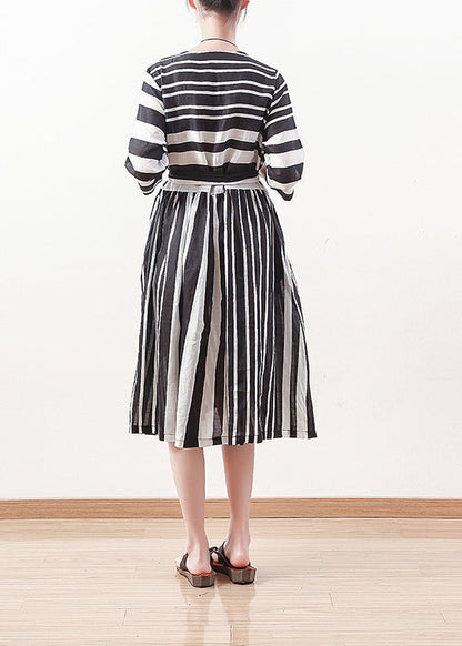 Modern Black White Striped Linen Clothes for Tie Waist Cotton Summer Dress
