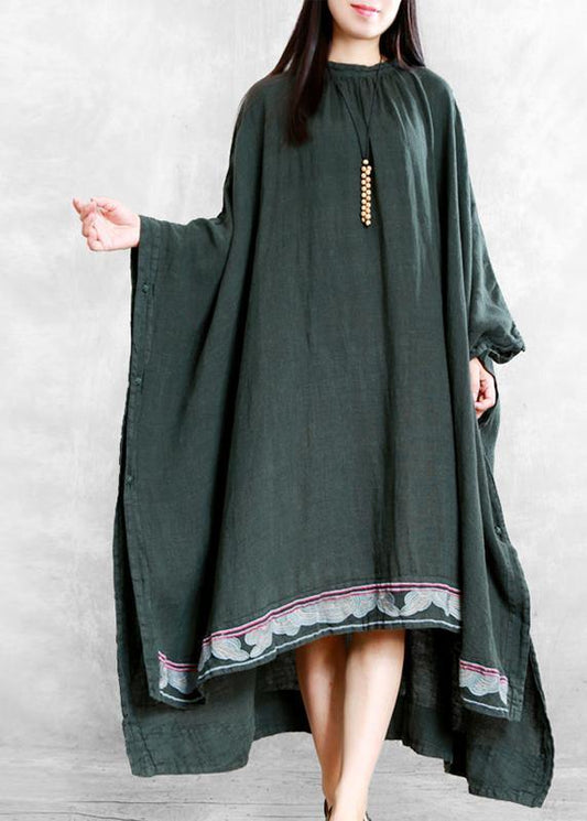 Modern Blackish Green Linen Long Shirts O Neck Embroidery Robe Dresses