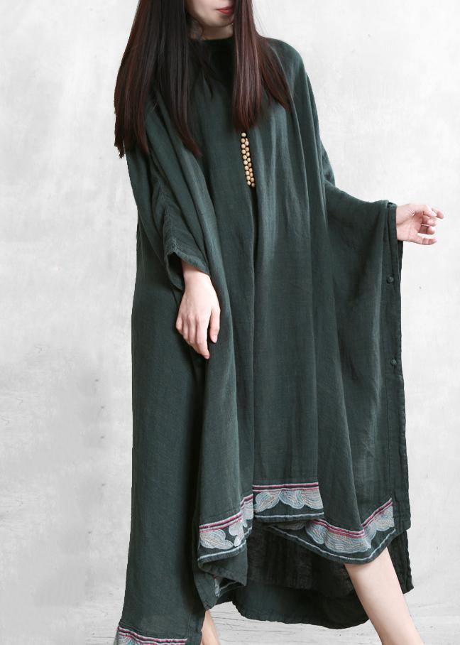 Modern Blackish Green Linen Long Shirts O Neck Embroidery Robe Dresses
