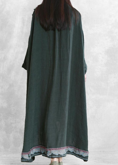 Modern Blackish Green Linen Long Shirts O Neck Embroidery Robe Dresses