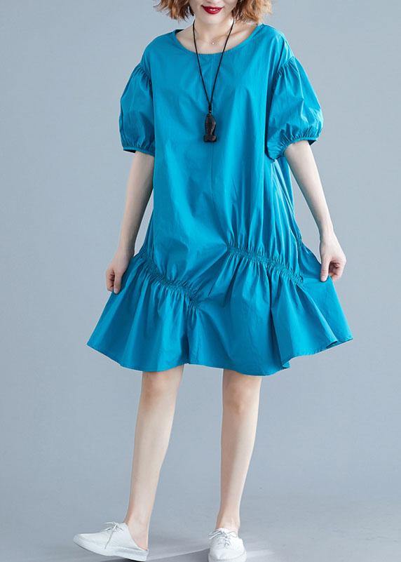 Modern Blue Cotton Tunic O Neck Lantern Sleeve Oversized Dresses