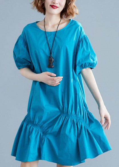 Modern Blue Cotton Tunic O Neck Lantern Sleeve Oversized Dresses