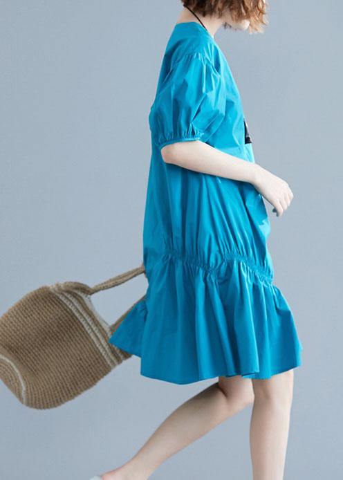 Modern Blue Cotton Tunic O Neck Lantern Sleeve Oversized Dresses