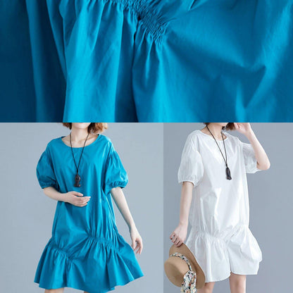 Modern Blue Cotton Tunic O Neck Lantern Sleeve Oversized Dresses