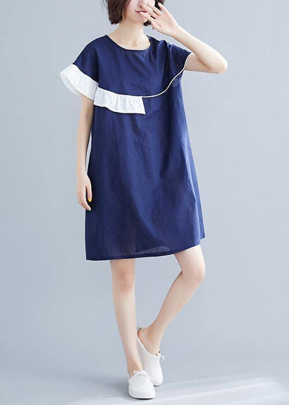 Modern Blue Cotton Wardrobes O Neck Patchwork Summer Dress
