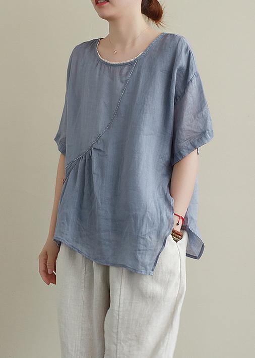 Modern Blue Cotton Linen Shirts Sewing O Neck Asymmetric Summer Shirts