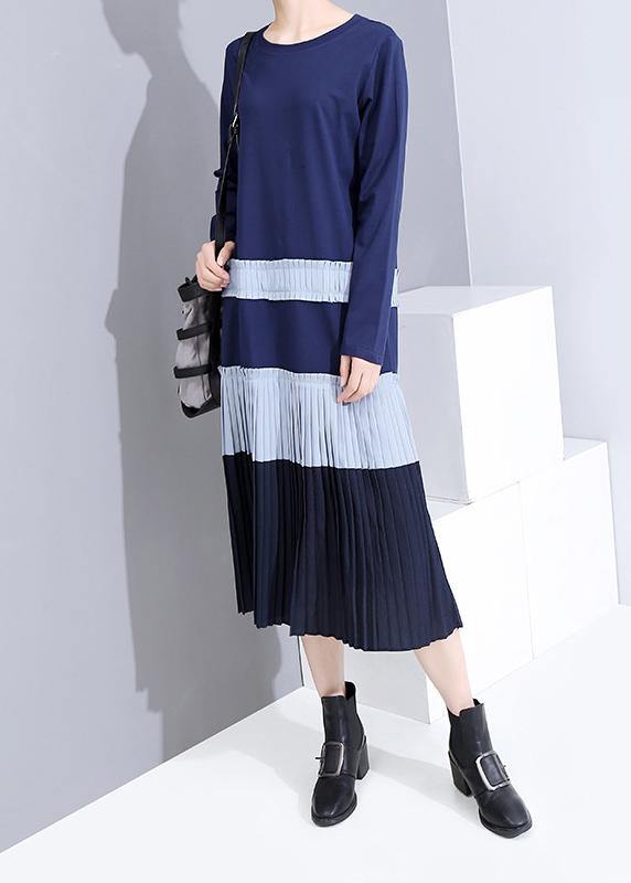 Modern Blue Cotton Tunic Top Cotton Patchwork Pleated Dresses