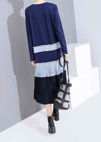 Modern Blue Cotton Tunic Top Cotton Patchwork Pleated Dresses