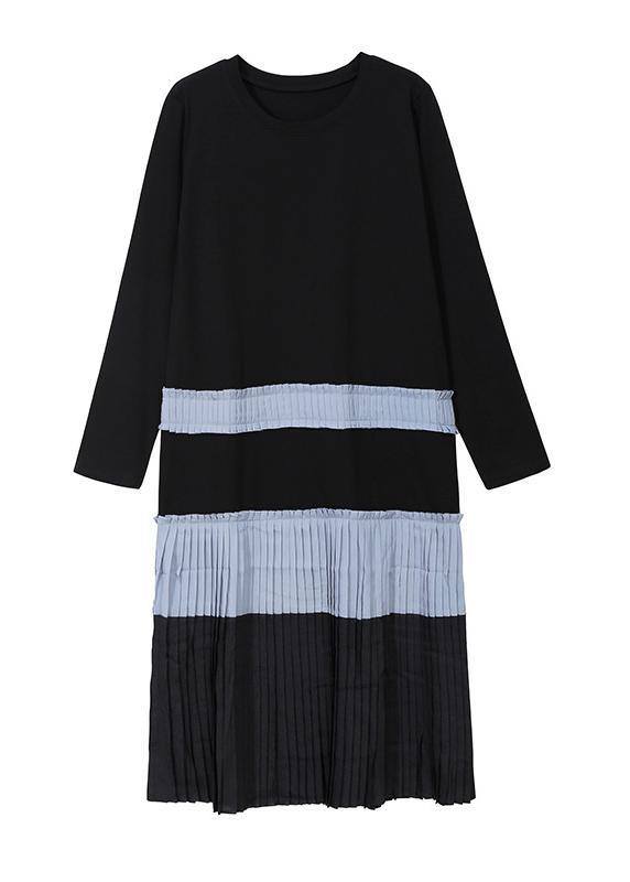 Modern Blue Cotton Tunic Top Cotton Patchwork Pleated Dresses