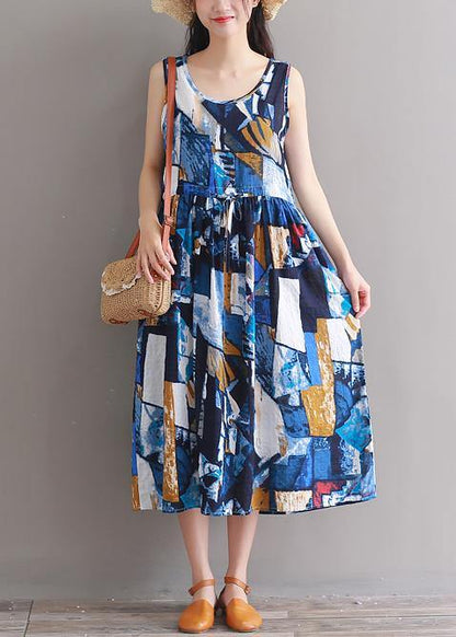 Modern Blue Linen Cotton Clothes for Tie Waist Loose Summer Dress