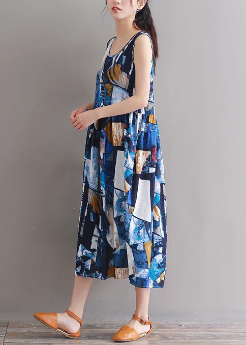 Modern Blue Linen Cotton Clothes for Tie Waist Loose Summer Dress
