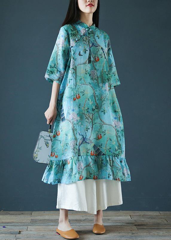 Modern Blue Print Cotton Dress Stand Collar Ruffles Love Dresses