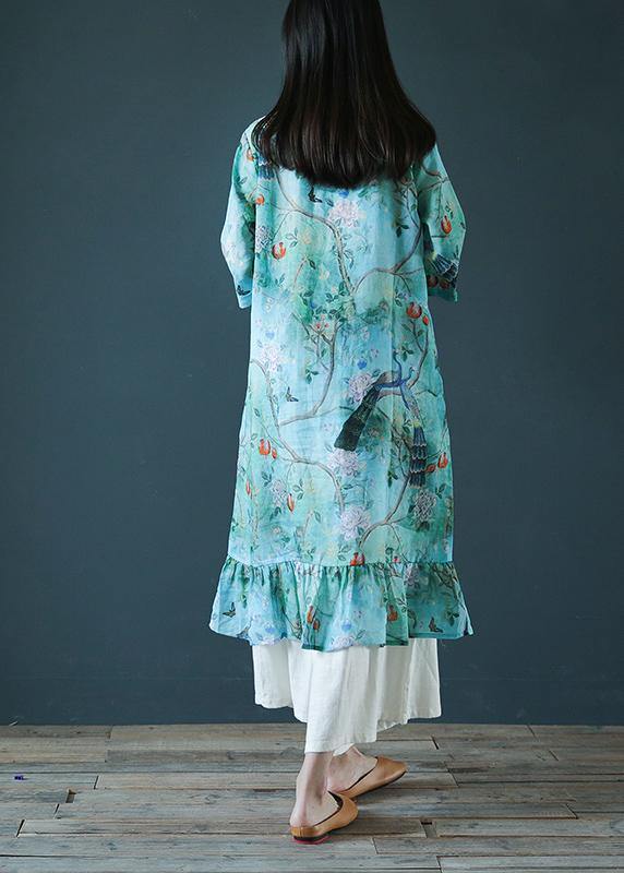 Modern Blue Print Cotton Dress Stand Collar Ruffles Love Dresses